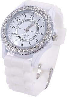 Qtqgoitem Women Shiny Rhinestones Inlaid Round Dial Adjustable Wrist Band Quartz Watch White (Model: 18f f6d 24f 337 fa3)