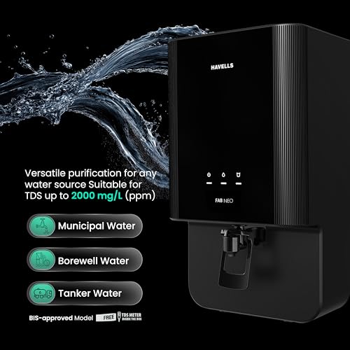 Image of Havells FAB NEO Water Purifier, RO + UF Purification, Vital Magnesium Enriched, 4-stages, 7L Storage, Ideal for Borewell, Tanker & Municipal Water, Significant water savings, BIS Approved, Black