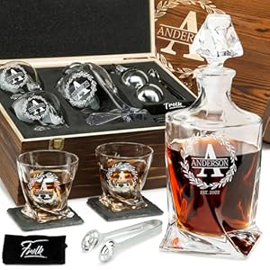 Personalized Whiskey Decanter and Stones Set – Customized Gift for Him – Men, Dad, Father – Engraved Twisted Decanter,2 Twisted Glasses, 2 XL Chilling Balls, Coasters, Tongs in Wooden Gift Box