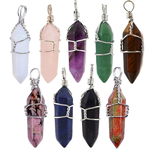 MIKINI 9pcs Silver Plated Wire Wrap Hexagon Pointed Cut Gemstone Healing Energy Natural Crystal Pendant Necklaces Pack, 18 Inches