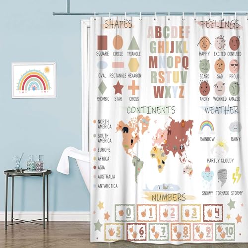 Image of Kids Educational Shower Curtain， Pastel ABC Alphabet Continents Map Numbers Shapes Weather Learning Tools Boy Girl Nursery Fabric Waterproof Polyester with 12 Pack Hooks Plastic