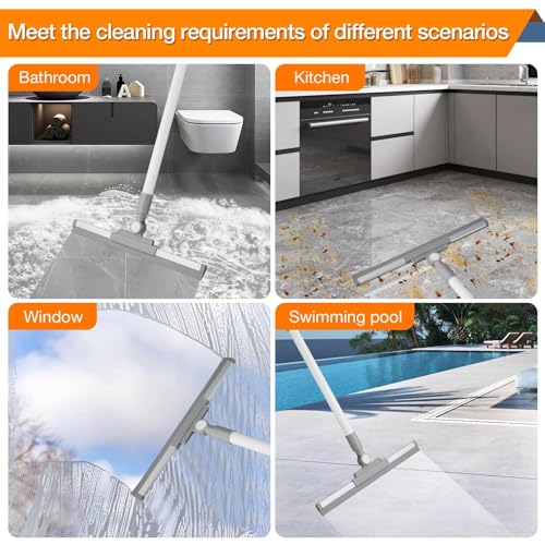 Image of Floor Squeegee for Concrete Floor, Long Handle Shower Squeegee, Squeegee Broom, Magic Air Broom, 14'' Rubber Blade,52'' Extension Pole, for Shower Glass Doors, Bathroom Tile, Pet Hair, Window