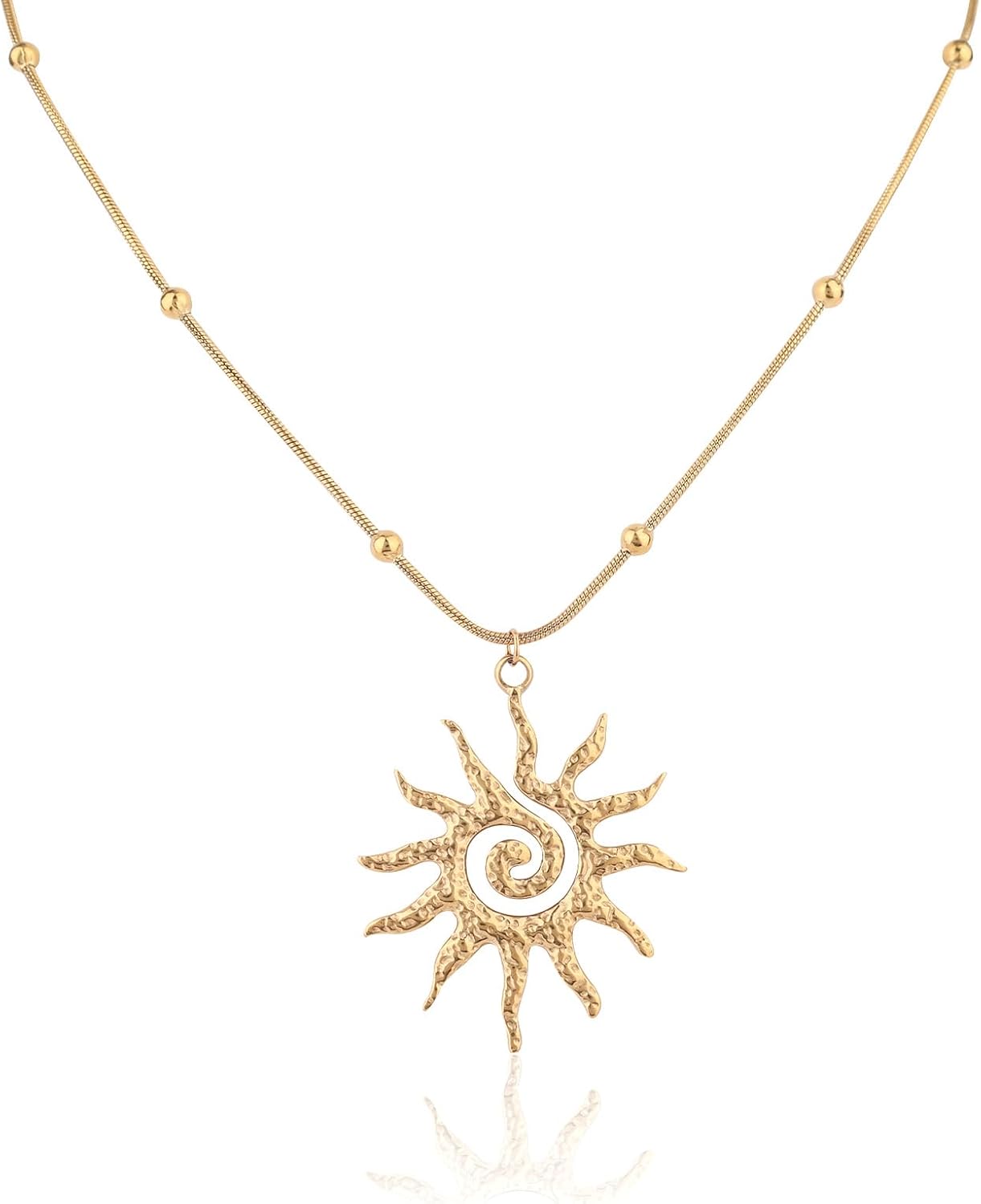 Mikovivi Magical Sun Pendant Necklace for Women, Dainty Gold Sunburst Sunflower Charm Solar Pendant Necklace Elegant Statement Jewelry Gifts