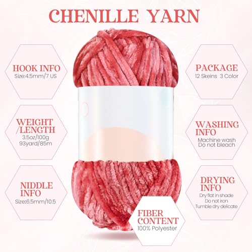 Image of Xinnun 12 Skeins 1116 Yards Chenille Velvet Soft Thick Plush Yarn Bulk for Crocheting Knitting Blanket DIY Weaving Craft, 6mm, 3.5 Oz /Skein(Pink Series)