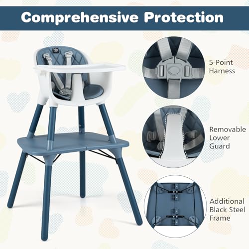 Image of BABY JOY High Chair, 5 in 1 Convertible Highchair for Babies & Toddlers | Booster Seat | Table and Chair Set | Infant Feeding Chair with Removable Tray, Safety Harness, Removable Cushion (Blue)