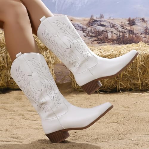 Cowboy Boots for Women Cowgirl Boots Wide Calf Pointed Toe Embroidered Chunky Heel Western Mid Calf Boots4