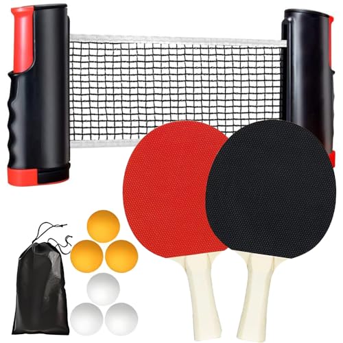 CUEMOON Red de ping pong de mesa, juego de ping pong, 2 raquetas, 6 bolas, red extensible y bolsa de transporte, para niños, familias