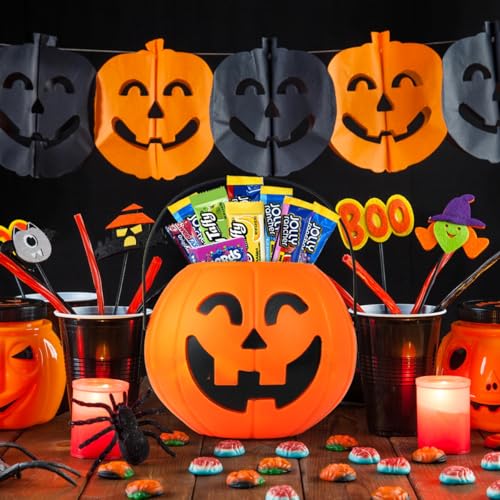 Candy Mix Halloween Pumpkin Candy Bucket Filled with Assorted Candies - Spooky 80ct Already Filled Treats Halloween Candy Gift with Individually Wrapped Candy Sweets for Kids, 26oz of Bulk Pack