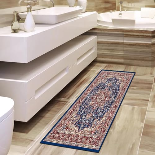 Alfombra larga para dormitorio y pasillos con diseño azul clásico 4