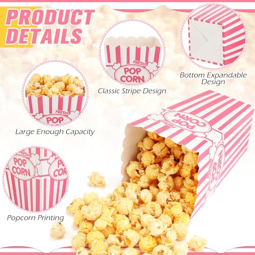 Image of Xinnun 100 Pcs Popcorn Boxes 32oz Classic Stripe Paper Buckets Disposable Oil Proof Popcorn Container Retro Open Top Box for Movie Night Supplies Theaters Carnival Birthday Party(Pink and White)