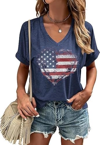 V Neck Patriotic Shirt for Women USA Flag Graphic Memorial Day Tops You Look Like Want Hotdog BBQ Novelty Tee(Navy04-PTV,Medium)