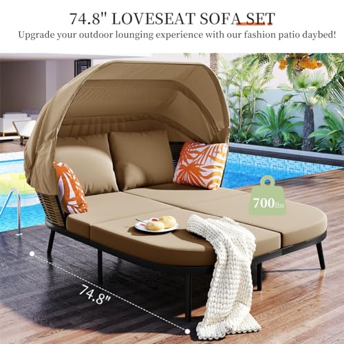 HOMIQUEEN 74.8\" L Patio Daybed with Retractable Canopy, Outdoor Rattan PE Wicker Back Loveseat Sofa Set with Throw Pillows and Cushions, Outdoor Furniture Set for Garden, Backyard