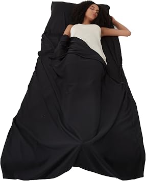 ALASKA BEAR Natural Silk Sleeping Bag Liner Cocoon-Style Travel Sheet Sleep Bag with Built-in PillowcaseBlack