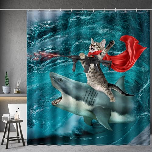 Image of Aimego Long Funny Shower Curtain - Cute Crazy Cat Riding Shark Ocean Fun Fabric Cloth Shower Curtain Set with 12 Hooks for Adults Bathroom Decor Accessories Bath Curtain, 72 inchx78 inch, Blue Red