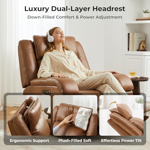 Image of SITJOY Pet Friendly Leather Power Recliner Chair, Zero Wall Hugger RV Recliners with Power Headrest, Charging Ports, Side Pockets, Down-Filled, Scratch Resistant Waterproof Faux Leather in Brown
