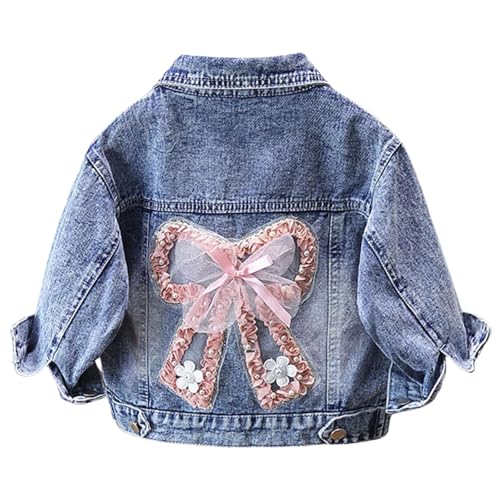 Little Girls' Denim Jacket,Back To School Outfits For Kids,Cute Bow Lace Long Sleeve Outwear Coat & Birthday Gifts