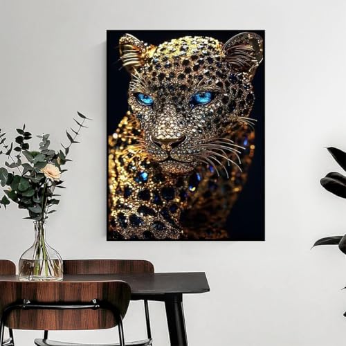 Image of HASTHIP Diamond Art Kit Black Cheetah 5D Round Full Drill for Decor | Full round drill black cheetah diamond painting kit includes canvas diamonds pen tray glue for DIY