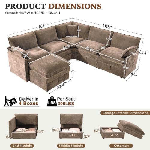 Image of Ihanherry Oversized Modular Sectional Sofa with Storag, 6-Seater V Shaped Cloud Couch with Movable Ottomans, Chenille Deep Seat Corner Couches for Living Room (Brown)