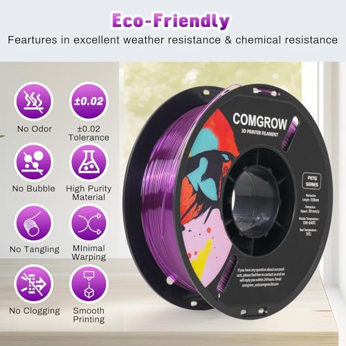 Image of Comgrow PETG 3D Printer Filament 1.75mm, High Precision and Tough 3D Printer Filament 1kg (2.2LBS), Dimensional Accuracy + /- 0.02 mm, Fit Most 3D Printers Gradient Purple White