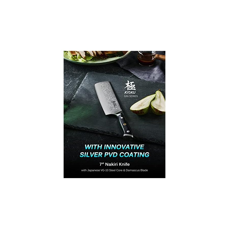 KYOKU Gin Series Nakiri Knife, 7" Vegetable Knife, Japanese VG10 Damascus Stainless Steel Kitchen Knife with Silver Ion Blade G10 Handle & Mosaic Pin, Professional Chef Knife for Veg Fruit Meat