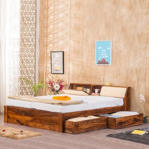 Image of Sheesham Wood Queen Size Bed with Headboard and 4 Drawer Storage | Wooden Double Bed Cot Palang Furniture for Bedroom Living Room Home - Honey Finish (1 Year Warranty)