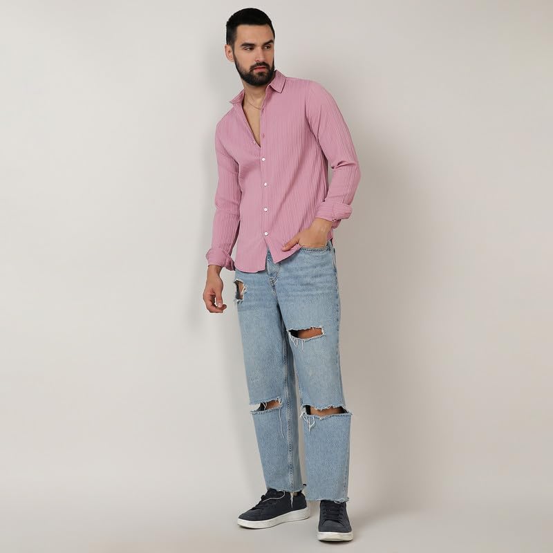 Image of CAHOOT Men's Self-Design Striped Shirt for Casual Wear | Spread Collar | Long Sleeve | Button Closure | Shirt Crafted with Comfort Fit for Everyday Wear
