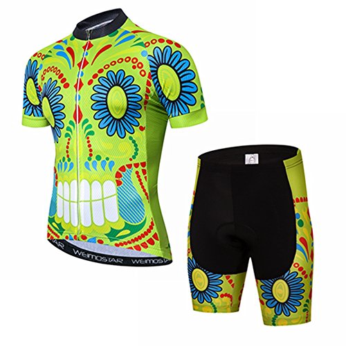 Cycling Jersey Short Sleeve Men MTB Bike Shirt Top Clothing Youth Road Bicycle Shorts Padded Set Outfit Green Skull Size L