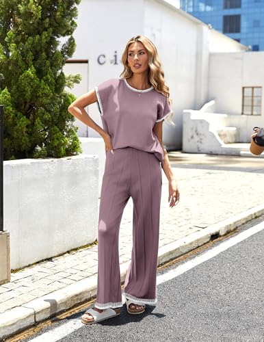 Image of Ekouaer Womens Matching Sets Knit Sweater Sets 2 Pieces Lounge Set | Pullover Tops Wide Legs Pants Casual Outfits