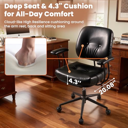 Image of Leather Home Office Chair, Mid Back Ergonomic Desk Chair with Lumbar Support, Mid Century Modern Deep Seat Swivel Rocking Computer Chair, Black
