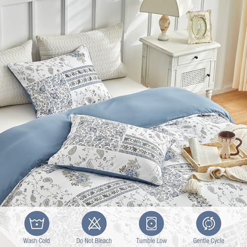 Image of Lekesky Queen Size Duvet Cover Set, Patchwork Floral 3 Pieces Reversible Blue Paisley Duvet Cover Set, Ultra-Soft Microfiber 3 Pieces Comforter Cover with Zipper, Includes 2 Pillowcases