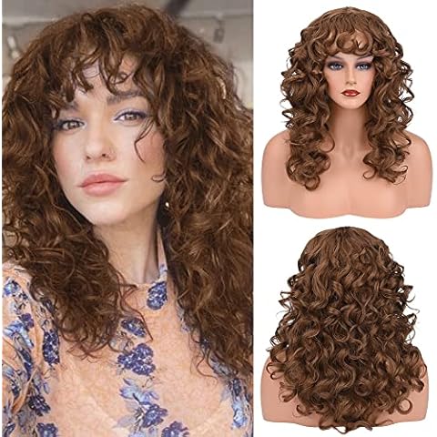 REECHO Curly wigs with Bangs, 20” Long Curly Shag Haircuts Wig Synthetic Hair Replacement Wig for Women Daily Use Party Cosplay - Light Brown Cover