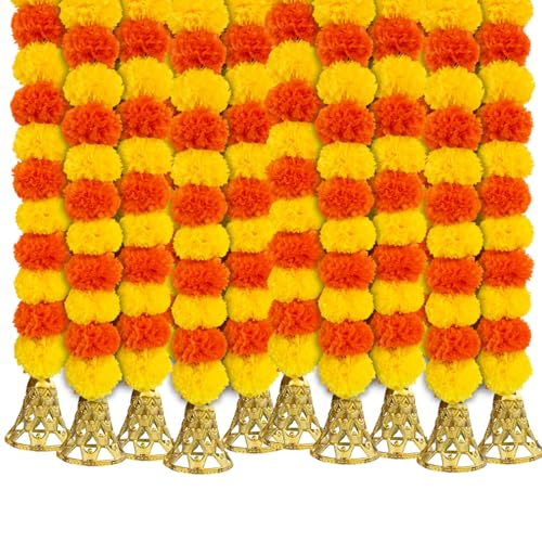 Image of Marigold Garlands Decoration with Bell, Artificial Flowers for Decorations Hanging Garlands for Home Decorations, Ganpati Decoration /Diwali Decoration for Home Decor- (Multicolor, Pack of 10)