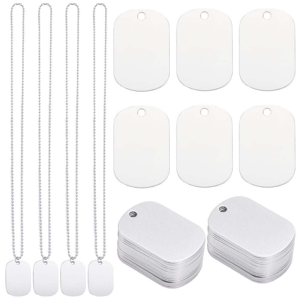 SUNNYCLUE 1 Box DIY 20 Sets Necklace Stamping Blanks Metal Blank Tags Metal Silver Rectangular Name ID Engraving Blank with Stainless Steel Chains for Jewellery Making Necklace Pets DIY Accessories