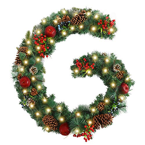 WANNA-CUL Pre-Lit 6 Feet Christmas Garland with Lights for Front Door Farmhouse Lighted Christmas Mantel Garland Decoration with Red Apple,Pine Cones,Red Berry, Blueberry, Battery Operated 30 LED
