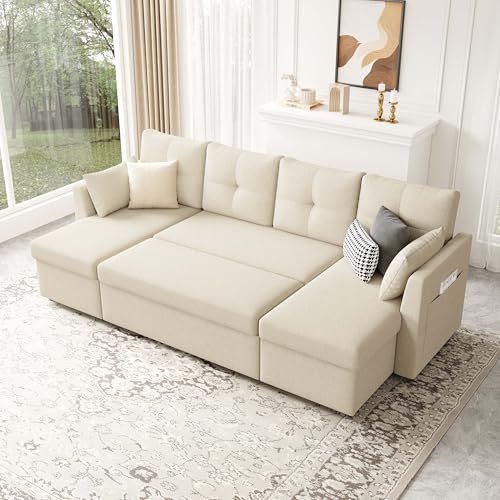 Image of Huatean Home Oversized Sleeper Couch Sofa, Sectional Sleeper Sofa Bed with Side Pocket for Living Room, 110 inch 2 in 1 Pull Out Couch with Double Storage Chaise, Beige