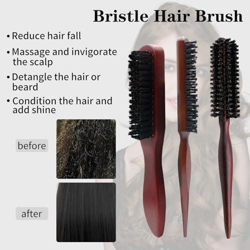 Rigidstone Pack of 3 Boar Bristle Brush, Hair Brush with Wooden Handle, Sleek Bun Brush, Beard Brush Made of Bristles - Image 4