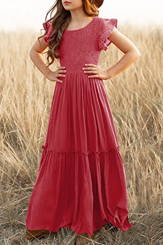 Image of MITILLY Girls Lace Flower Ruffle Sleeve A-Line Swing Wedding Party Long Maxi Dress with Pockets 12-13 Years Red