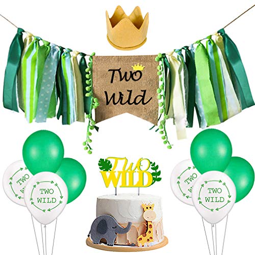 Two Wild Banner, Two Wild HighChair Banner, Two Wild Birthday Party Decorations, Baby Girl Boy Two Wild Birthday Party Supplies with Crown, Two Wild Cake Toper, 8 Pcs Latex Balloons.