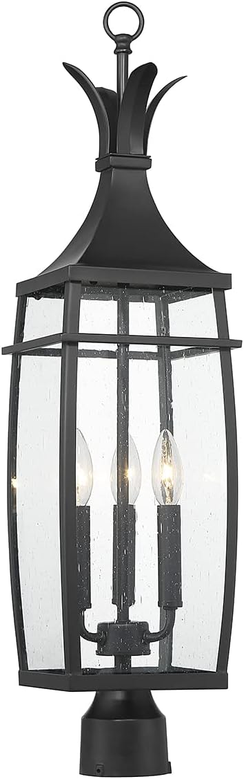 Savoy House 5-769-BK Montpelier Modern Farmhouse Clear Seeded Glass Outdoor Post Lantern, 3-Light 180 Total Watts, 29" H x 8" W, Matte Black