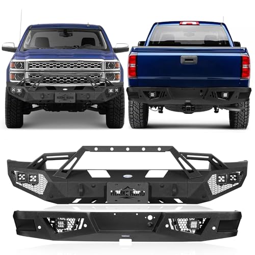 Hooke Road Silverado Front Winch Bumper + Rear Bumper for 2014 2015 Chevy Chevrolet Silverado 1500 Pickup Trucks, Full Width Offroad Steel Bumpers Kit with Grille Guard, Lights, D-ring Mounts