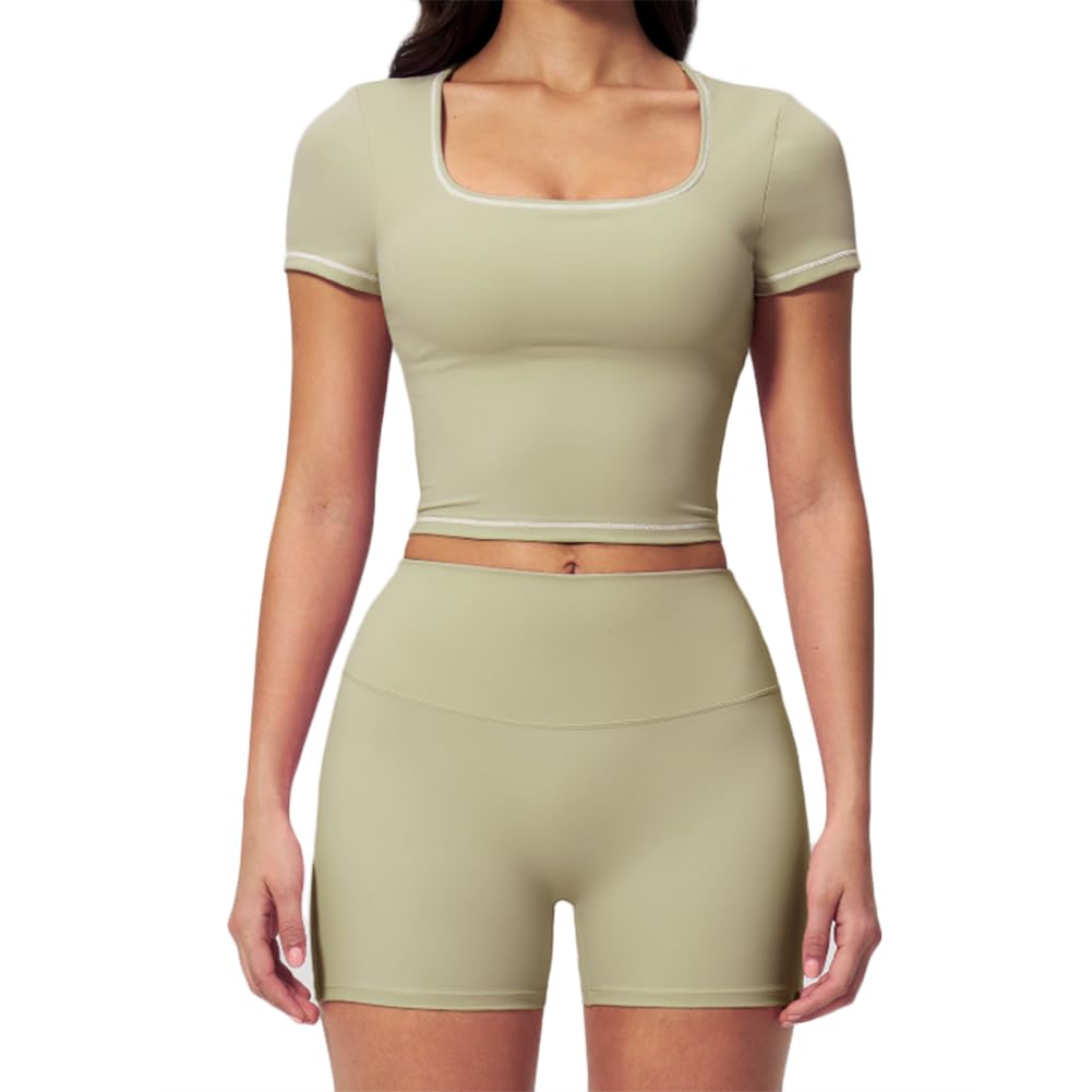 Xyffybhsd Women's Green Workout Sport 2 Piece Yoga Contrast Stitching Gym Leggings Shorts And Crop Top Set(Size:s,Color:green)