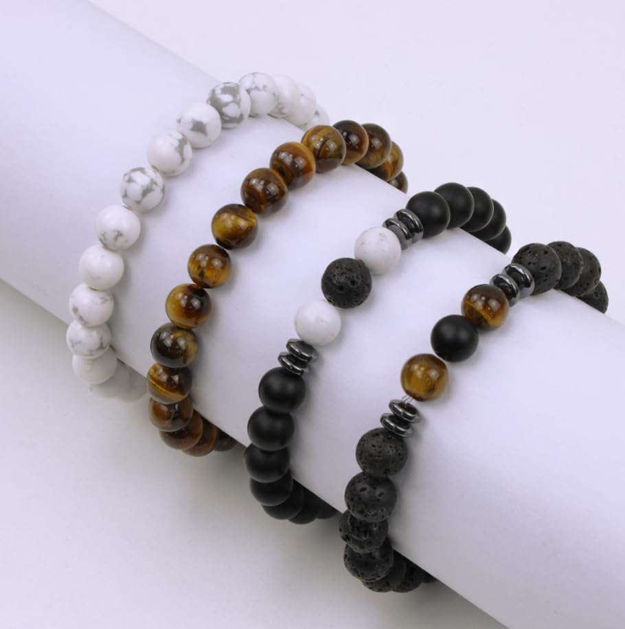 XIANNVXI Natural Stone Beads Bracelet for Men Crystal Bracelets 8MM Tiger Eye Lava Rock Obsidian Beaded Bracelet Set Black/Red/Blue Crystal Beaded Bracelets for Men - Image 7