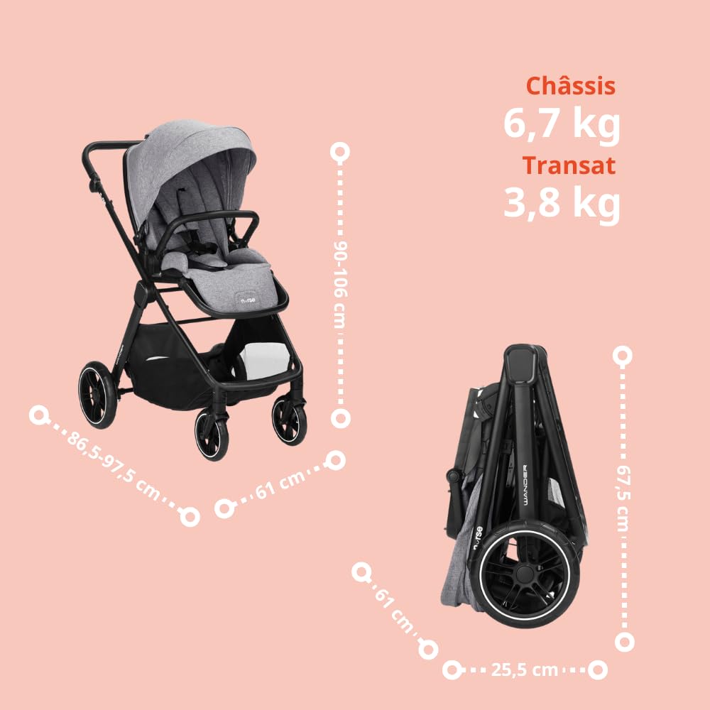 Nurse Wander Trio Poussette Bébé 3 en 1, Nacelle, Poussette et Siège Auto i-Size, Pliage Compact, avec Accessoires