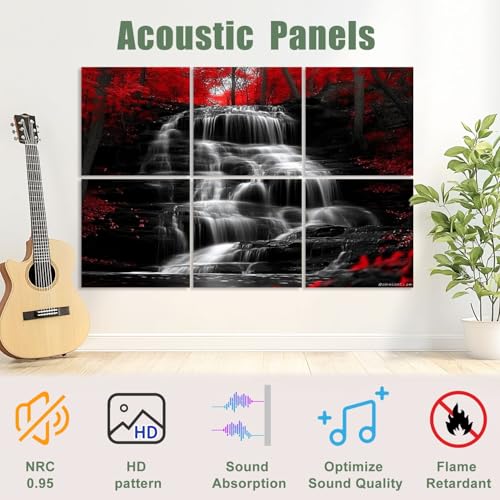 6 Pack Paneles Acústicos Artísticos Absorbentes de Sonido en Negro, Blanco y Rojo con Diseño de Paisaje de Cascada y Bosque, Autoadhesivos, para Estudios de Grabación y Oficina, 72"x48" miniatura 3