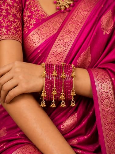 Image of JPS 16 Pcs Trendy Stylish Glass & Kashmiri Ghungroo Bangles Set for Women & Girls | Gold-Plated Traditional Festive Wedding Party Jewellery Chudi Set (12 Glass + 4 Metal)