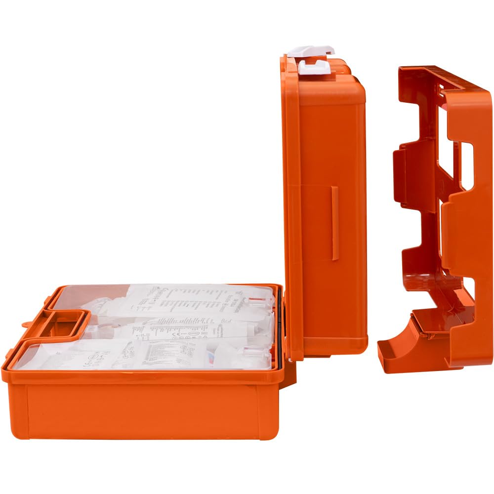 PETEX Botiquín profesional de primeros auxilios con contenido según la nueva norma DIN 13169, incluye práctico soporte de pared, 5 pegatinas, botiquín de primeros auxilios, en color naranja para