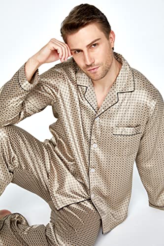TONY & CANDICE Men's Classic Satin Pajama Set Sleepwear (Coffee, XX-Large)