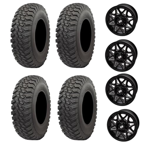 Four 33x10-15 Kanati Mongrel SQ Heavy Duty 10-Ply Radial UTV Tires mounted on Tusk TINTIC Wheels - For the Can-Am Maverick X3-4/137 bolt pattern - Includes Lugs (Milled Black