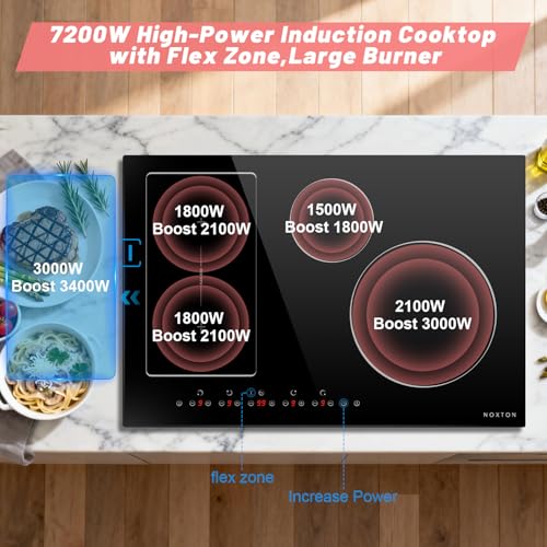 Image of Noxton 30 Inch Induction Cooktop, 4 Burners Electric Cooktop, Upgraded Induction Stovetop with Flex Zone, Power Boost, Pause, 9 Power Levels, Child Safety Lock, Timer, 220-240V Hard wire