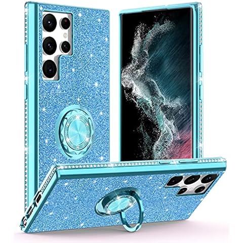 OCYCLONE Case Compatible with Samsung Galaxy S22 Ultra 5G, Glitter Cover with 360 Degree Rotating Ring Holder, TPU Shockproof Protective Bumper Cell Phone Case for Samsung S22 Ultra 6.8 inch - Blue Cover